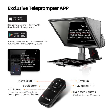 New Arrival Desview T12S Teleprompter, 12.9 inch Aluminium Alloy Teleprompter with Remote Control, High Display Glass, Compatibl